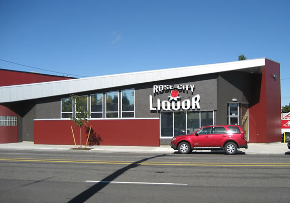 Oregon's first privately owned liquor store built on a triangular lot.  Design by Allusa Architecture.