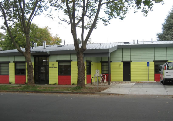 Built from Faswall and steel, very quiet inside on a busy intersection.  Design by Stack Architecture.